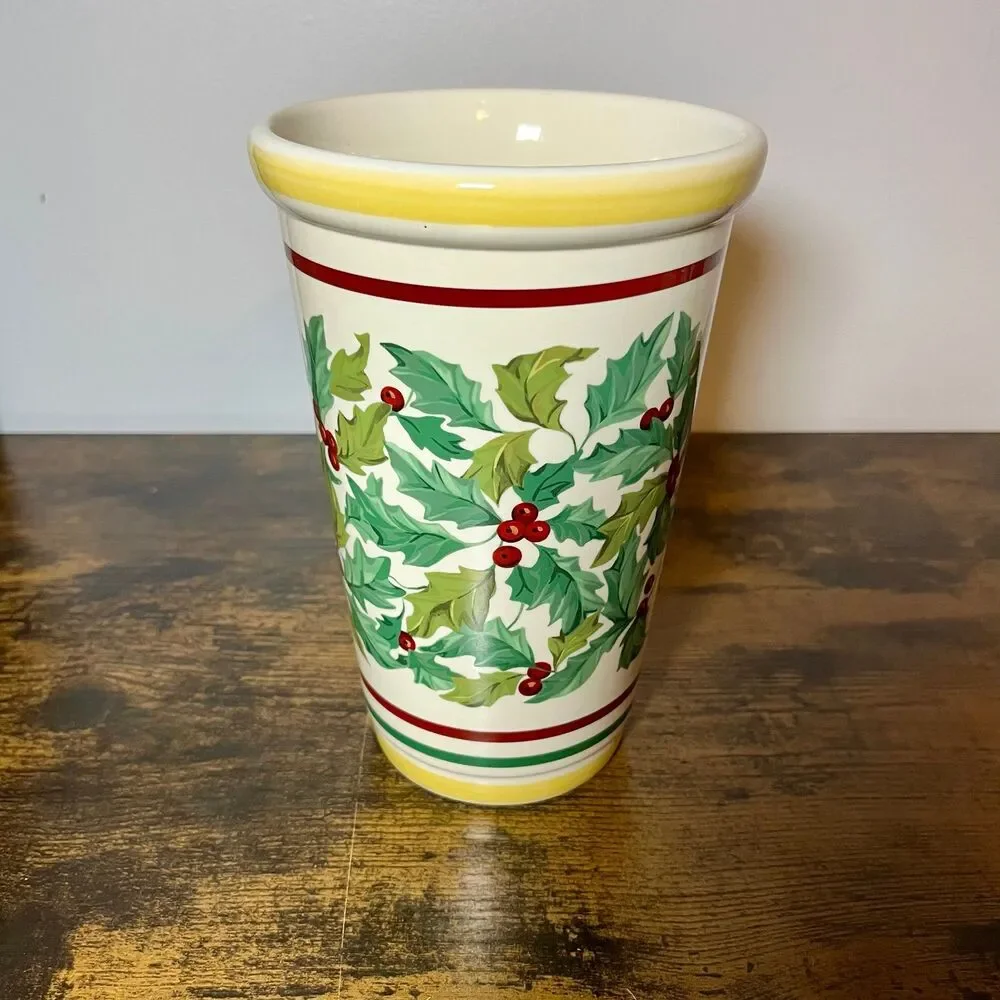 Longaberger Pottery Christmas American Holly Vase 2001 #30446 Retired